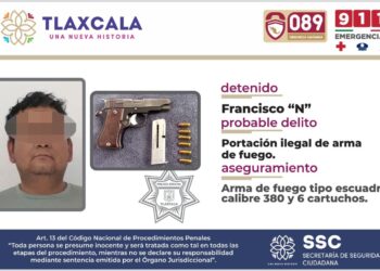 SSC detienen en Apizaco a presunto responsable de portación ilegal de arma de fuego.