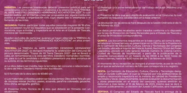 Emite Congreso convocatoria para entregar “Presea al Arte Maestro Desiderio Hernández Xochitiotzin 2023”.