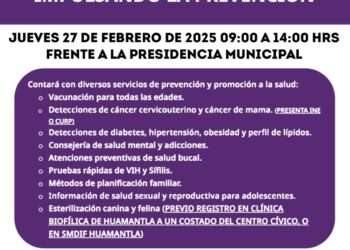 Invita Jurisdicción Sanitaria II a pobladores de Huamantla a participar en Jornada de Salud “Impulsando la Prevención”.