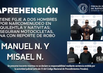 Detiene FGJE a dos hombres por narcomenudeo en Quilehtla y Nativitas; aseguran motocicletas, una con reporte de robo